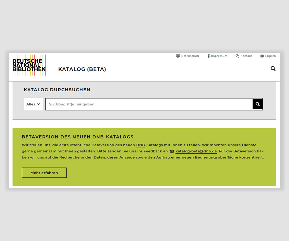 Screenshot der Beta-Version des neuen Katalogs der Deutschen Nationalbibliothek