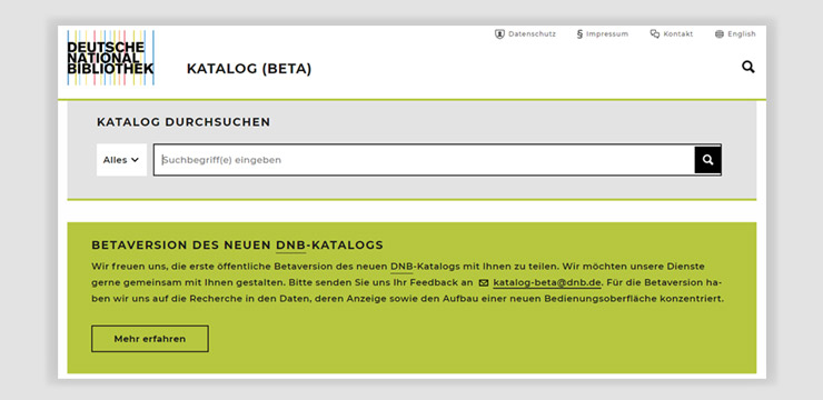 Screenshot der Beta-Version des neuen DNB Katalogs